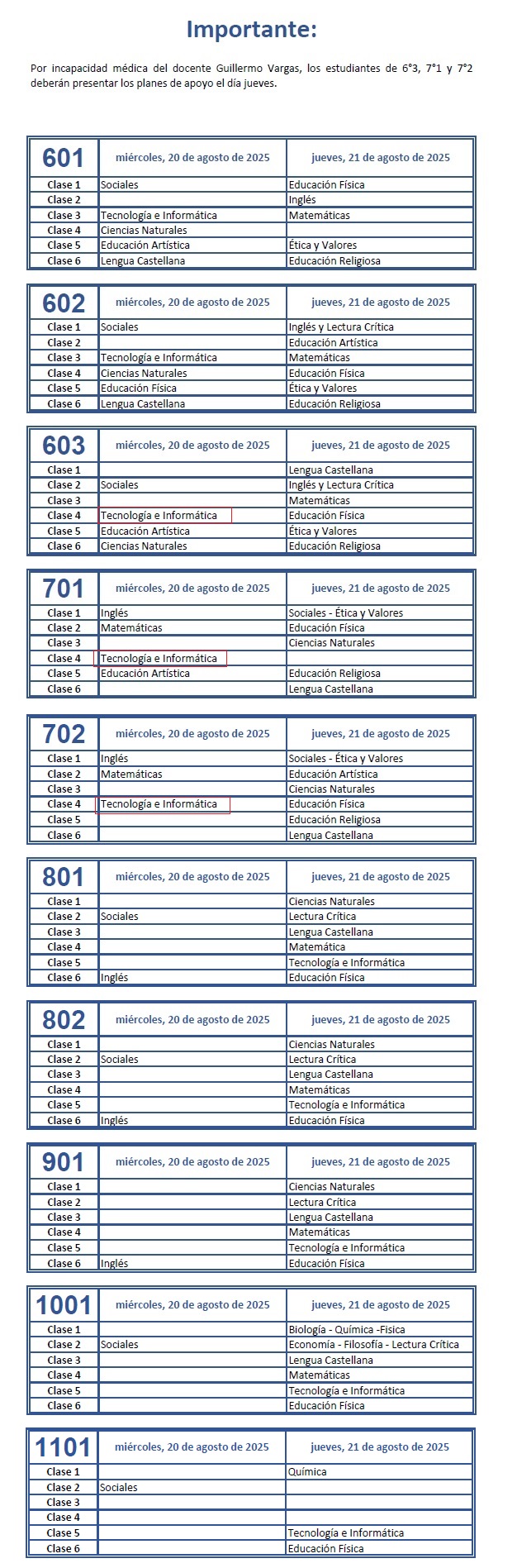 Tabla horario planes de apoyo.
